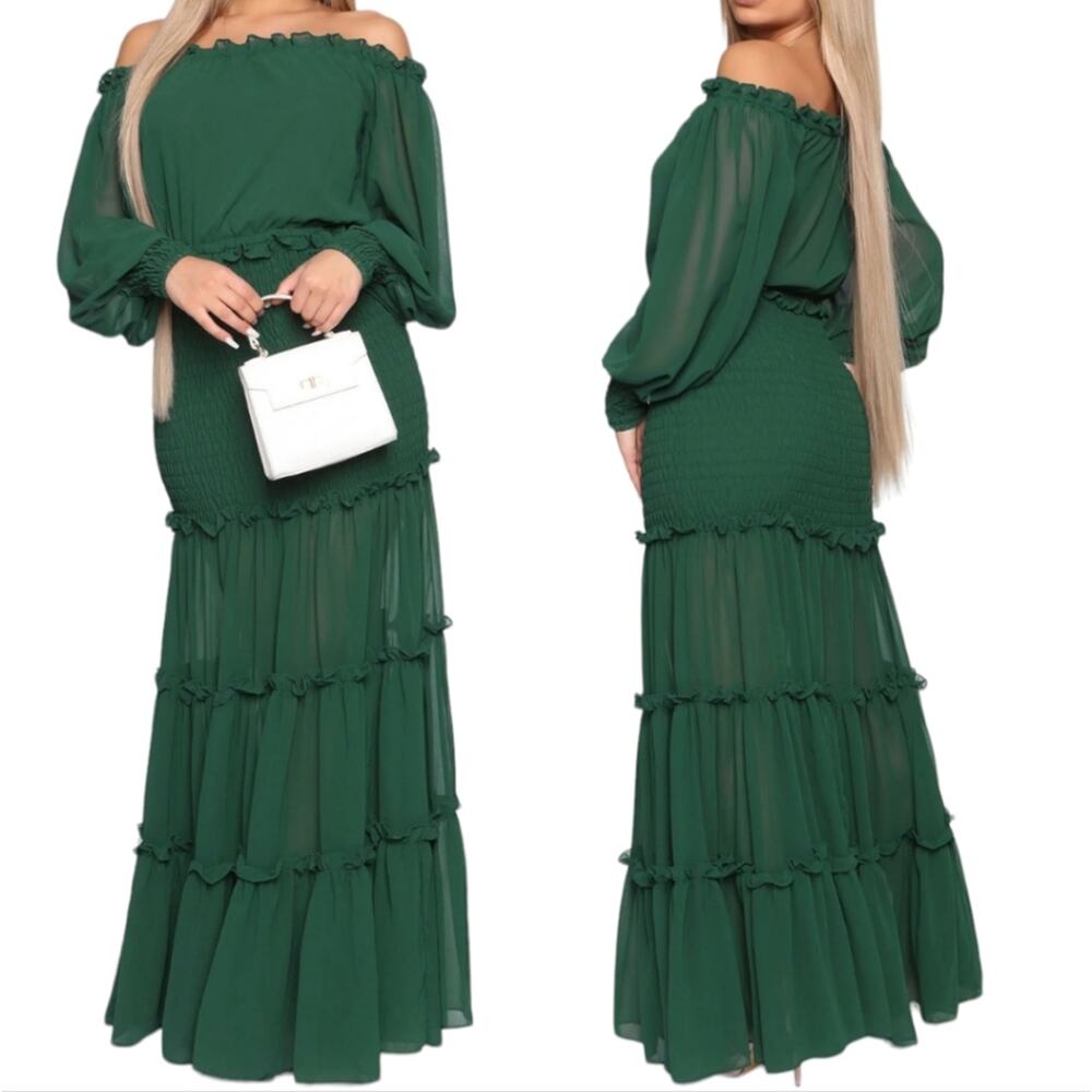 Hunter Green Smocked Maxi Dress w Drop Shoulder & Flowy Sheer Skirt / Sleeves S